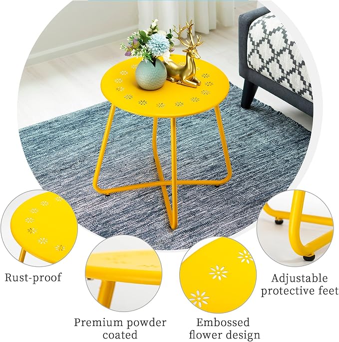 danpinera Outdoor Side Tables with Flower Cut Outs, Weather Resistant Steel Patio Side Table, Small Round Outdoor End Table Metal Side Table for Patio Yard Balcony Garden Yellow - Image 6