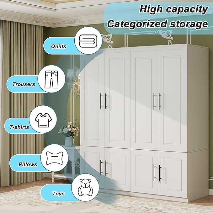 Wooden Armoire Wardrobe Closet with 4 Door, Bedroom Armoire Storage Cabinet, Modern White Armoire Wardrobe Closet with Shelves and Hanging Rod for Bedroom