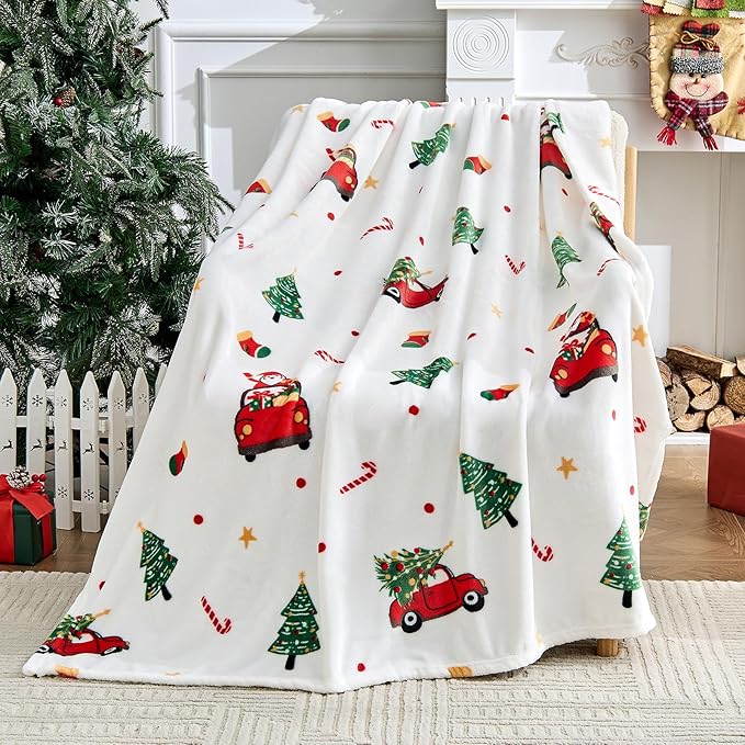 Edenleaf Christmas Blanket - White Holiday Throw with Santa Claus & Snowman - Warm Cozy Fleece Winter Blanket, 50x60 Inches???White