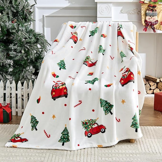 Edenleaf Christmas Blanket - White Holiday Throw with Santa Claus & Snowman - Warm Cozy Fleece Winter Blanket, 50x60 Inches???White