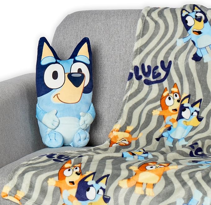 Bluey Throw & Plush Hugger Set, 50"x60" Silk Touch Blanket with 3D Character Pillow – Soft, Cozy Blanket for Kids and Toddlers