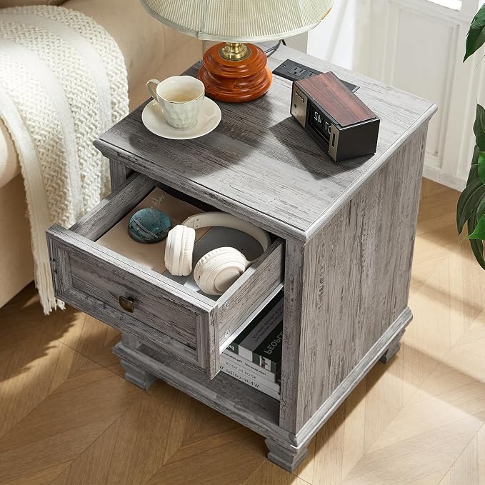 SAVOR LIFE Farmhouse End Tables Living Room Set of 2, Rustic Wood Nightstand with 1 Drawer, Bedside Table with Open Shelf for Bed Room, Side Table for Living Room, Grey - Image 6