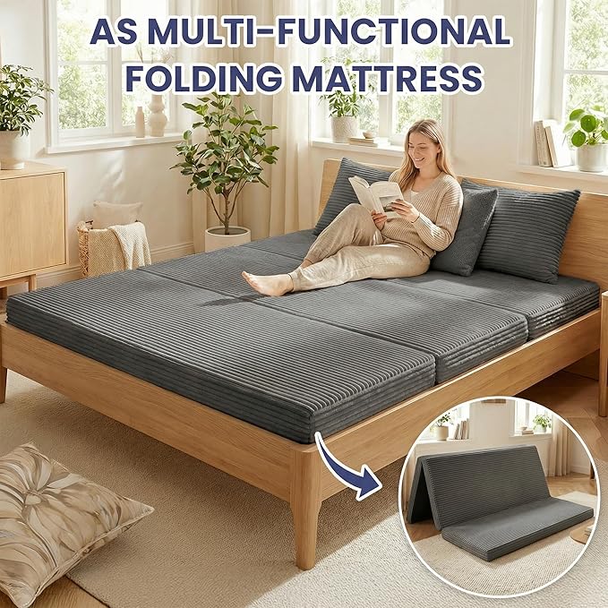 Convertible Sofa Bed, 4-in-1 Boneless Loveseat with Removable Armrests Backrest, Corduroy Futon Couch Bed with Pillow, Foldable Mattress Sleeper Sofa for Living Room Bedroom Small Place (Grey)