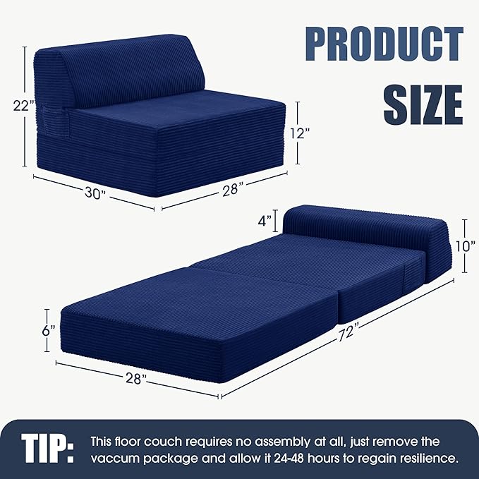 Folding Sofa Bed with Pillow, Memory Foam Fold Out Chair Bed, Convertible Sleeper Chair with Washable Cover, Futon Floor Couch for Living Room/Dorm/Guest Use/Home Office/Apartment, Navy Blue