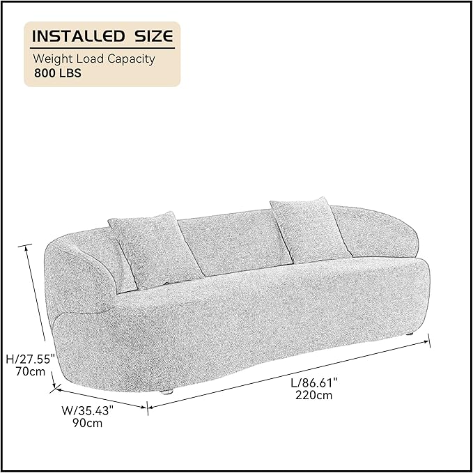 KEIKI 87" Curved Oversized Boucle Cloud Sofa with Thickened Seat Cushions and Backrest, Modern Style 3-Seater Upholstered Corner Fluffy Couch, No Assembly Required, for Apartment, Living Room, Beige