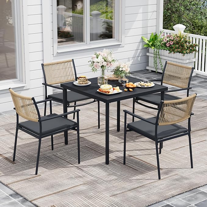 5-Piece Outdoor Dining Set for 4, Rectangle Expandable Table with Umbrella Hole, 4 Wicker Rattan Chairs with Soft Cushion,Patio Dining Set, Conversation Set for Backyard, Garden & Poolside, Black by Unknown