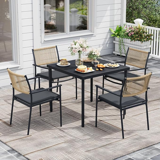 5-Piece Outdoor Dining Set for 4, Rectangle Expandable Table with Umbrella Hole, 4 Wicker Rattan Chairs with Soft Cushion,Patio Dining Set, Conversation Set for Backyard, Garden & Poolside, Black by Unknown
