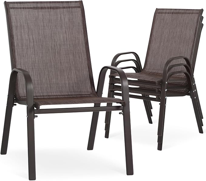 Wider Outdoor Stackable Chairs Set of 4, Stacking Patio Chairs with Textilene Fabric, Outside Furniture for Garden Backyard Balconie Poolside Deck, Brown by Villeston