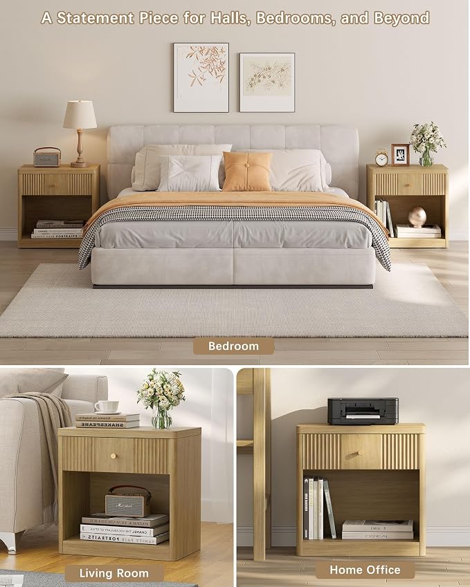 Night Stand Set of 2 Nightstands with Drawer, Large Modern Fluted Bedside Table End Table with Storage for Bedroom, Sofa, Office, Natural Oak - Image 7
