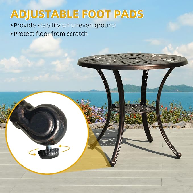 DWVO 30 Inches Round Patio Dining Table with Umbrella Hole, Antique Cast Aluminum Outdoor Bistro Table Outdoor Side Table for Backyard, Garden, Patio, Porch, Hammered Bronze - Image 6