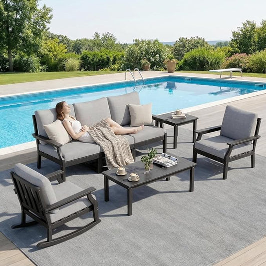HDPE Patio Conversation Set, 7-Piece All Weather Outdoor Furniture Set with 1 Single Rocking Armchairs for Deck, Lawn, with Cushion, Black