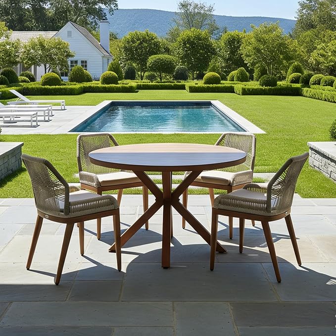 PURPLE LEAF 5 Pieces Round Dining Set Patio Aluminum Modern Oversize Round Table and Wicker Chairs with Cushions for Kitchen Porch Garden Outdoor Furniture Sets by PURPLELEAF