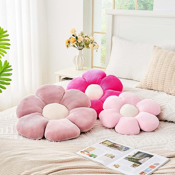 Kcvvcr Pink Flower Pillow, 14.9" Cute Flower Shaped Floor Pillow, Aesthetic Floral Plush Daisy Decorative Throw Pillows for Bed Sofa Couch