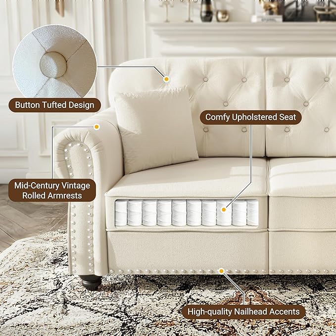 KEIKI 63" Velvet Chesterfield Sofa with Rolled Arms & Nailhead Trim & 1 Ottoman, Modern 2-Seater Button Tufted Couch with High Resilience Cushion & 2 Pillow, Easy Assembly, for Living Room, White