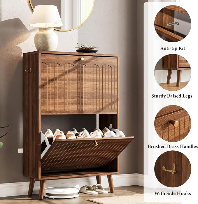 Nicetree Shoe Cabinet Storage for Entryway, 9.5" Narrow Shoe Organizer with Architectural Arched Fluted Front, Slim Shoe Rack with Adjustable Shelves,Fits Size 12 Shoes,Timeless Walnut - Image 6
