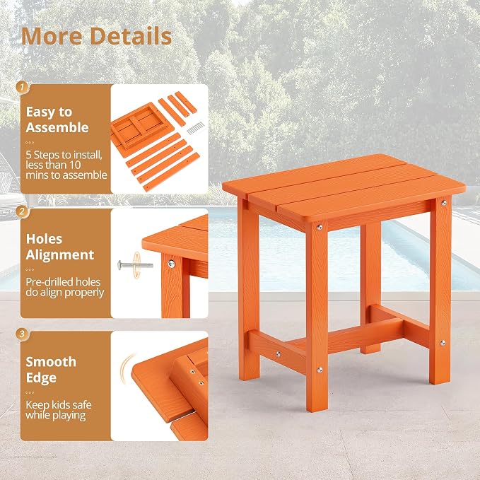 LUE BONA Outdoor Side Table, HDPS Small Outdoor Table, Adirondack Side Table, Outside End Table for Patio, Porch, Deck, Pool, Weather Resistant/Easy Maintenance/Indoor or Outside Use, Orange - Image 7