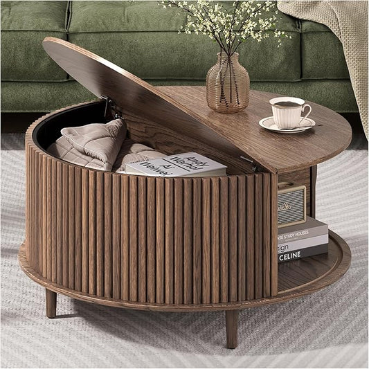 Round Coffee Table with Storage, 31.5" Walnut Wood Drum Table, Fluted Circle Center Table for Living Room, Modern Mid Century Furniture with Sliding Door