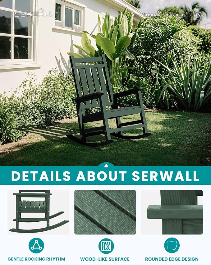 SEWALL HDPE Rocking Chair, Oversized Outdoor Rocking Chair for Adults, Patio Rocker for Porch, Green - Image 4