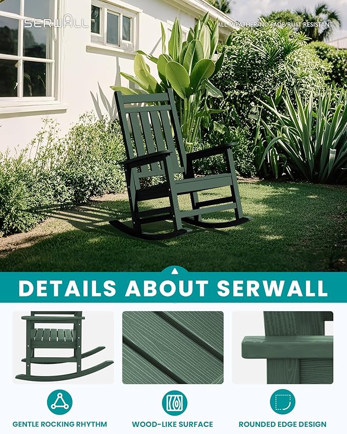 SERWALL Oversized Outdoor Rocking Chair Set of 4, HDPE Rocker for Adults, Patio Rocking Chairs for Porch, Green - Image 4