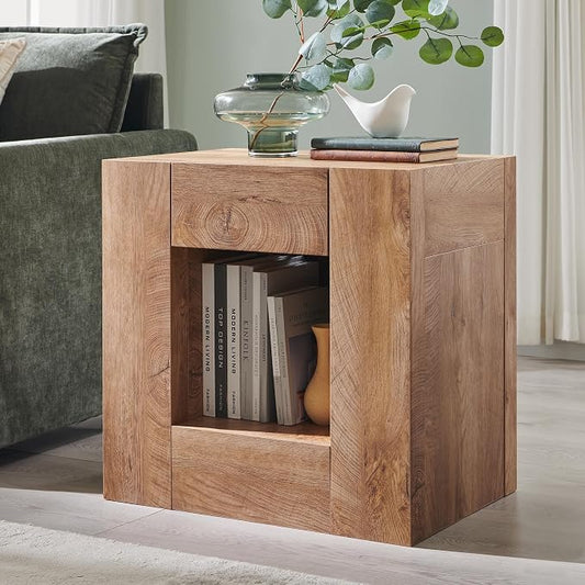 OKD 24" Wide Modern Nightstand, Wood Night Stand with Charging Station & Hidden Drawer, Side Table Bedroom with Storage Shelf, End Table, Light Tree Knot by OKD