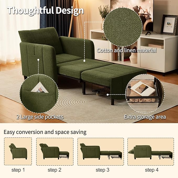 ZZW Sleeper Chair 84" Extra Long Convertible Chair Bed Upgraded 3-in-1 to 4-in-1 Pull Out Chair & Single Sofa Bed for Adult Sleeping Chair for Living Room Small Space (Modern Green)