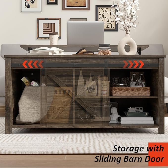 PUKAMI Lift Top Coffee Table with Storage, 31.5" Farmhouse Coffee Table for Living Room, Square Coffee Tables with Large Hidden Storage and Sliding Barn Doors, Brown