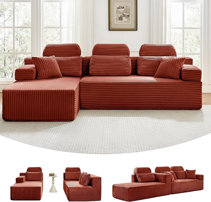 104" L-Shaped Cloud Modular Sectional Sofa with Chaise & Headrest, Boneless Deep Seat Plush Corduroy Couches for Large Living Room, No Assembly Required (Orange, 104" L-shapred Chaise)