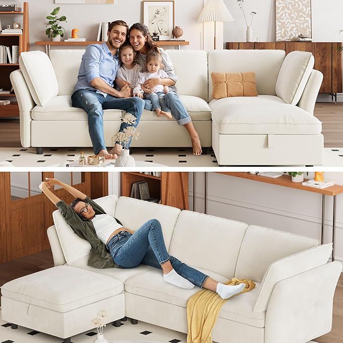 IDEALHOUSE 97" Modular Sectional Sofa, L-Shaped Modular Couch with Storage, 4-Seater Comfy Cloud Couch with Movable Ottoman, Deep Seat, Modern Sectional Couches for Living Room Bedroom, Beige