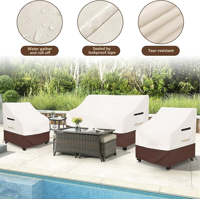 Patio Furniture Covers,3 Piece Heavy Duty Waterproof Outdoor Furniture Cover,Outdoor Furniture Covers for Patio Furniture,Includes 2 Patio chair covers 30in and 1 Patio loveseat cover 58in,Beige - Image 3