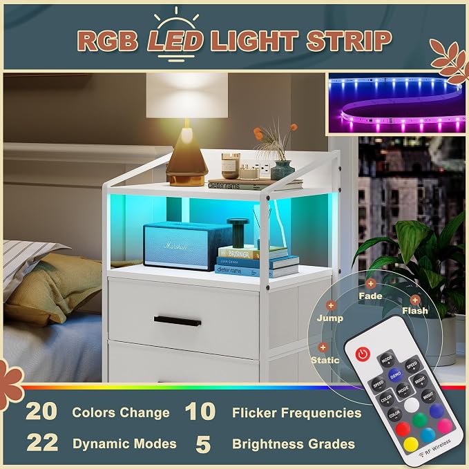 Nightstand 4 Drawer Dresser with LED Lights and Charging Station, Vertical Side Table with Fabric Drawers, End Table with Open Shelf, Tall Dresser for Bedroom, Hallway, Entryway, White - Image 4