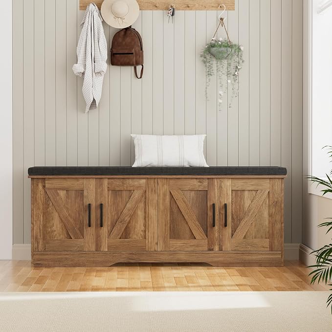 HOMSHO 2-Tier Storage Bench, 47.2" Wide Shoe Bench with Padded Seat Cushion, Entryway Bench with 4 Barn Doors and Adjustable Shelf, Rustic Walnut - Image 6