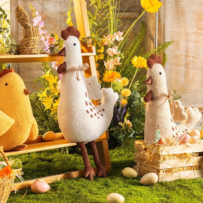 Phantoscope Chicken Shaped Throw Pillow, Soft Teddy Sherpa Hen Pillow with Ribbon, Decorative Easter Chicken Pillow with Wings Cockscomb Feet for Living Room Bedroom, Beige, 29x15 inches