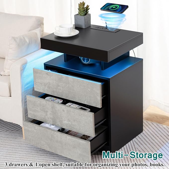 HOMMPA Set of 2 LED Nightstands with Wireless Charging Station Concrete Gray Matte Bedside Table with Led Light Smart Nightstand USB Port 3 Drawers Night Table Tall Wood LED Night Stand for Bedroom - Image 7