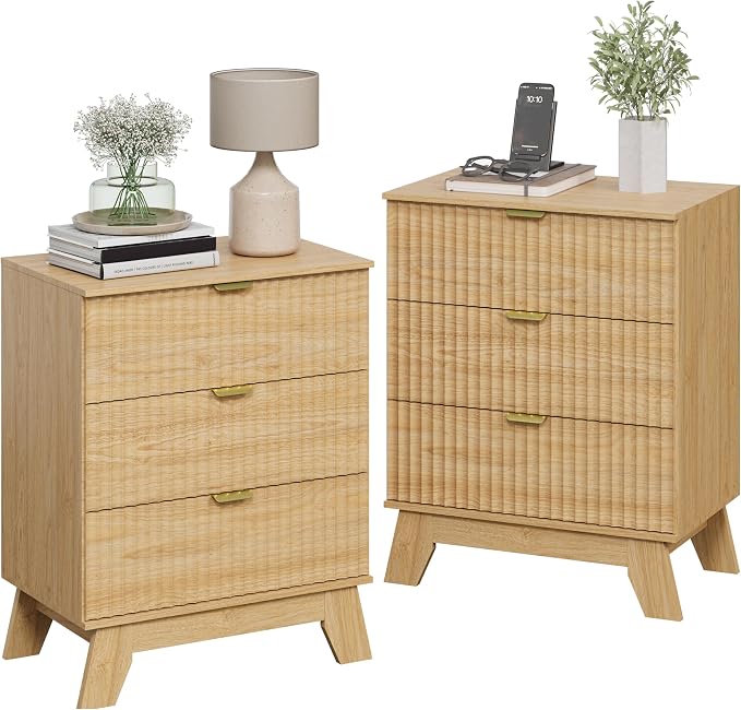 Wodeer Natural Oak Night Stand with 3 Drawers, Bedside Table & End Table, 24" Wide Mid Century Modern Fluted Wood Nightstand with Metal Handles, Farmhouse Night Stands for Bedroom - Image 7