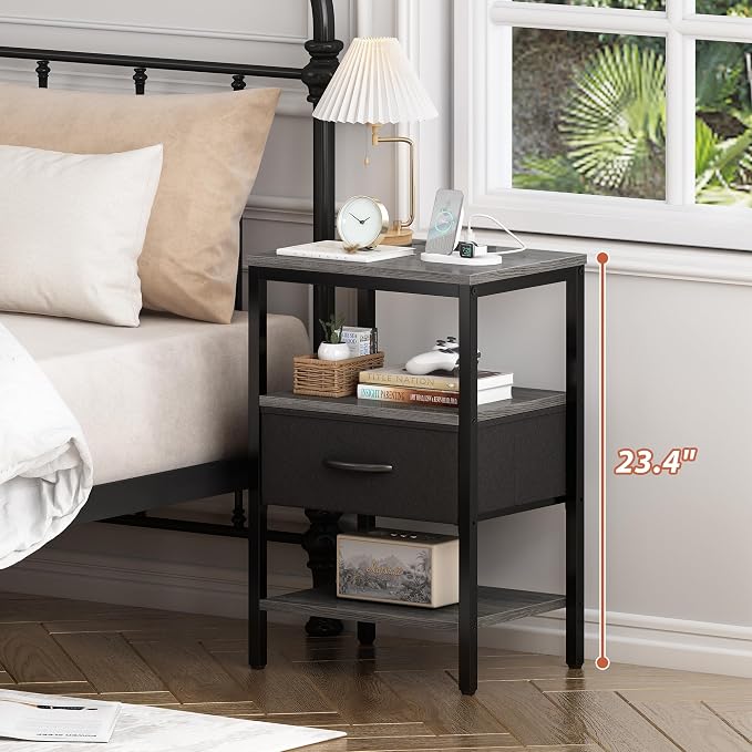 SUPERJARE Nightstand with Charging Station, Bed Side Table with Adjustable Fabric Drawer, Night Stand for Bedroom, 3-Tier Storage End Table, for Living Room, Charcoal Gray - Image 2