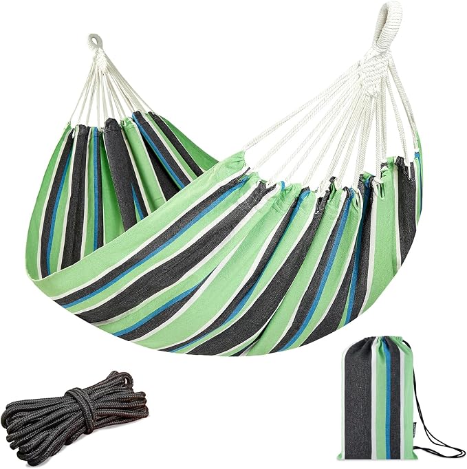 JoyView Brazilian Double Hammock with Hanging Ropes Extra Large 86.6x59” Portable Cotton Hammock for Patio Backyard Porch 450LBS Weight Capacity Perfect for Outdoor/Indoor - Green/Black Stripe by JoyView