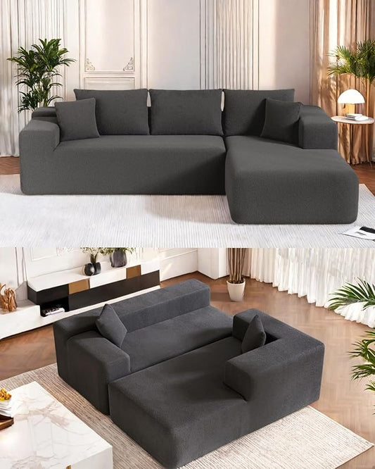 L-Shape Cloud Sectional Sofa, 104” Modern Modular Boneless Couch with Left Chaise Lounge, Compressed Floor Sofa with 5 Pillows & Deep Seat, Rain Drop Velvet Couch for Living Room, Dark Gray