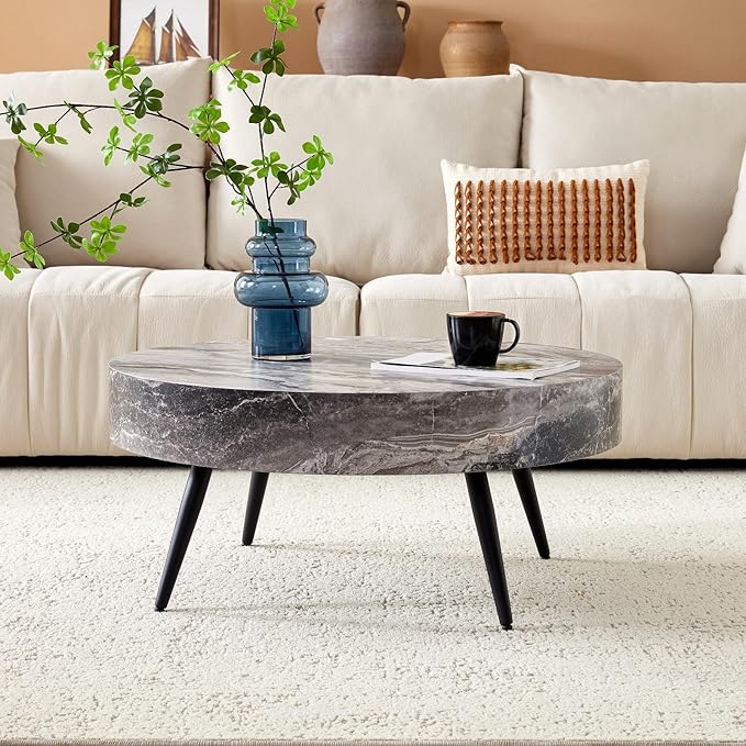 Round Coffee Table, Small Wood Marble Coffee Table with Storage, Modern Mid Century Circle Tables Accent Center Tables for Living Room Apartment Small Space (31.5''D-Marble Grey)
