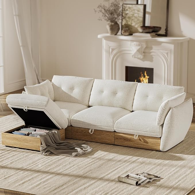 L Shaped Cloud Couch Sectional Modular Sofa with Storage, Cotton and Linen Fabrics Modern Oversized Deep Seat Sofa with Armrest Pillow, Easy Assembly for Living Room, Apartment, Ivory
