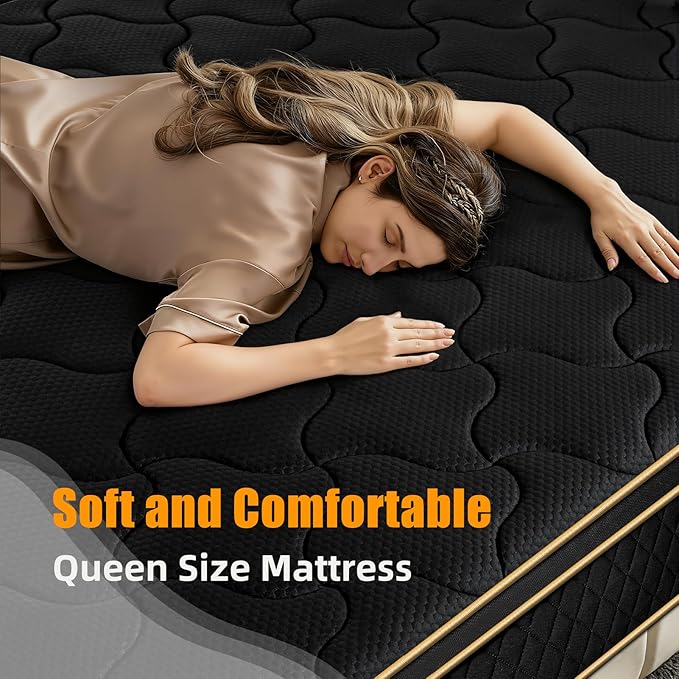 Queen Mattress 12 Inch Queen Size Medium Firm Hybrid Mattress Memory Foam Pocket Steel Springs Matress in a Box for All Sleep Positions Motion Isolation Ensure Comfortable Sleep (Black, Queen 12 INCH)