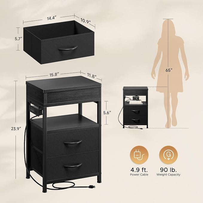 Lazzanto Nightstand Hidden Drawer Charging Table - Night Stand with Charger Station and Sliding Top Storage, Morden Bedside Table with 2 Fabric Drawers, for Dorm Living Room Bedroom, Black - Image 2
