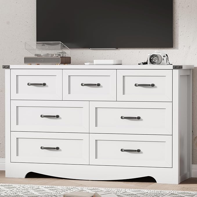 Dresser for Bedroom with 7 Drawers, 58" Wide Wood Chest of Drawers with Deep Drawers & Mental Handle, Modern Dresser TV Stand, Wooden Closet Storage Organizer for Living Room, Hallway, Entryway, White - Image 7