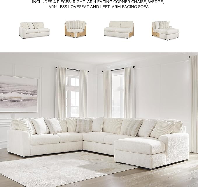 Signature Design by Ashley Chessington Modern U-Shaped Anti Sag 4-Piece Sectional with Chaise, Reversible Seat Cushions and 9 Accent Pillows, White