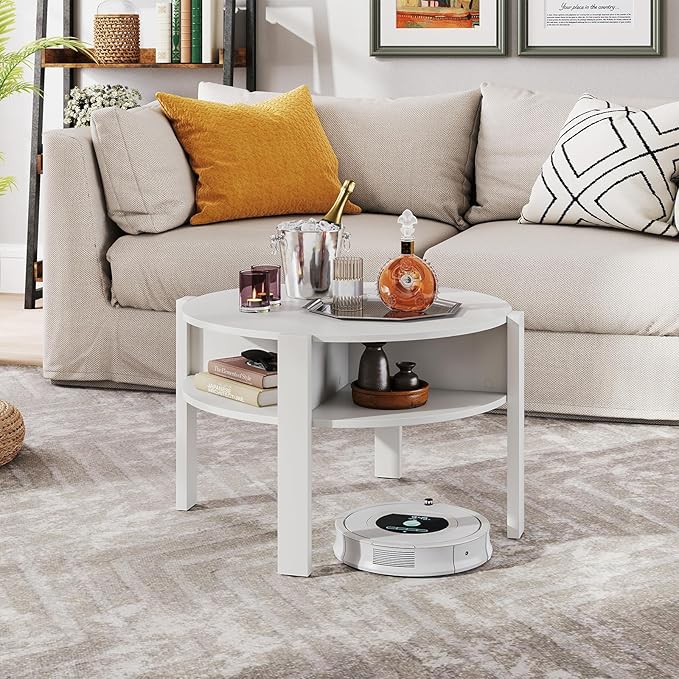 Tangkula Round Coffee Table, 29.5” 2-Tier Circle Cocktail Center Table with Storage Shelves, for Small Spaces, Living Room (White)