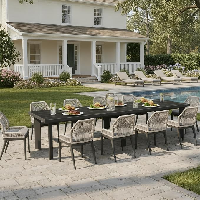 PURPLE LEAF 11 Pieces Patio Dining Set Aluminum Oversize Rectangular Table and Wicker Chairs with Cushions for Kitchen Porch Garden Modern Outdoor Furniture Sets, Dark Grey by PURPLELEAF