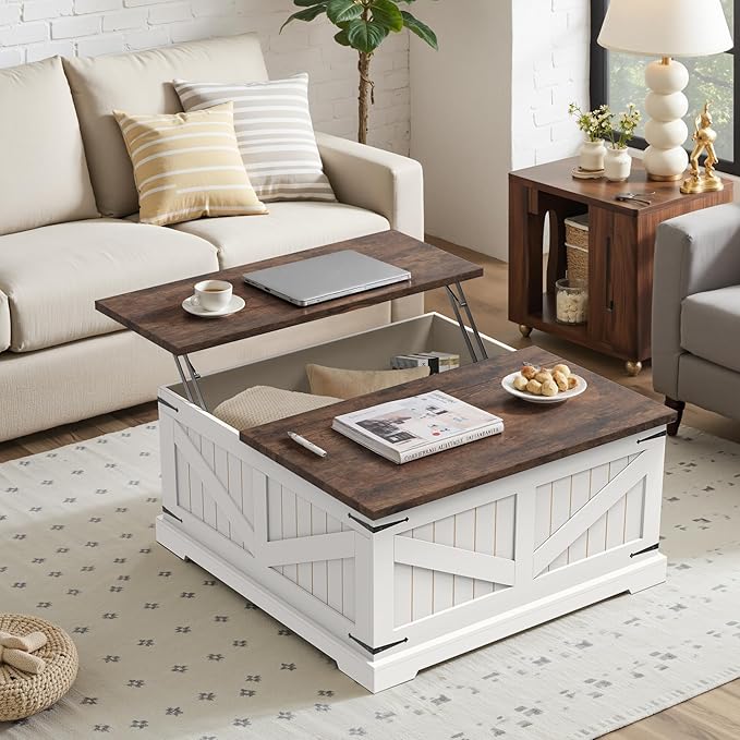 36" Lift Top Coffee Table with Storage and Charging Station, Farmhouse Square Coffee Table with Hidden Compartment, Adjustable Laptop Desk for Living Room, USB Ports and Outlets
