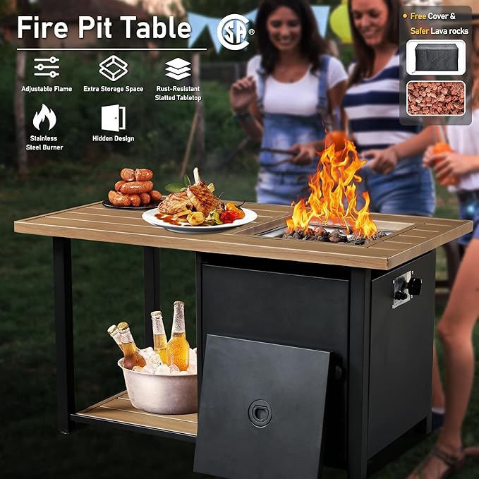 HOOOWOOO 5 Piece Patio Set with Fire Pit Table, Outdoor Wicker Furniture, All Weather Resistant High Back Rattan Outside Furniture (Orange Red)