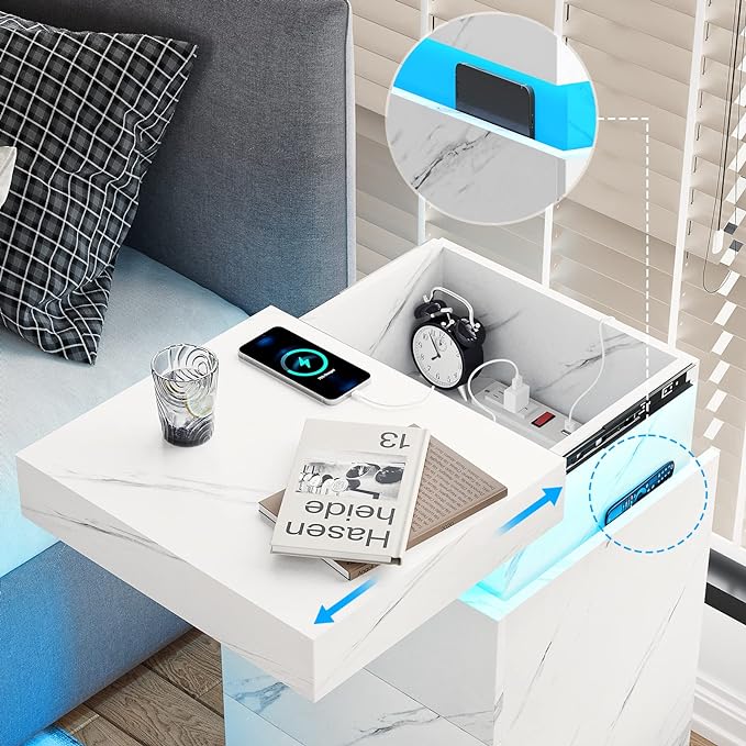 ADORNEVE Nightstand with Charging Station and LED Lights,Night Stand with Sliding Top for Bedroom,Bedside Table with Drawers,Modern End Side Table,White Marble - Image 3