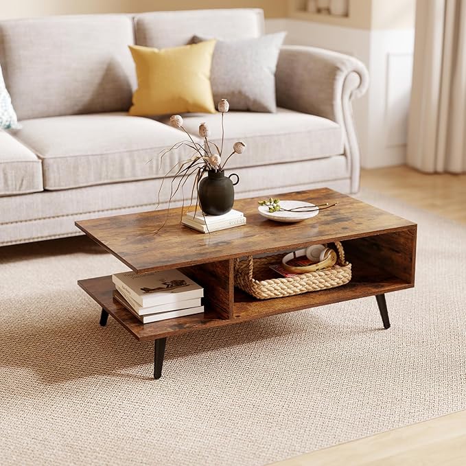 GOFLAME Wood Coffee Table, 2-Tier Mid Century Modern Center Table with 2 Open Storage Compartments & Metal Legs, Rectangular Accent Tea Tables for Living Room, Home Office, Apartment, Rustic Brown