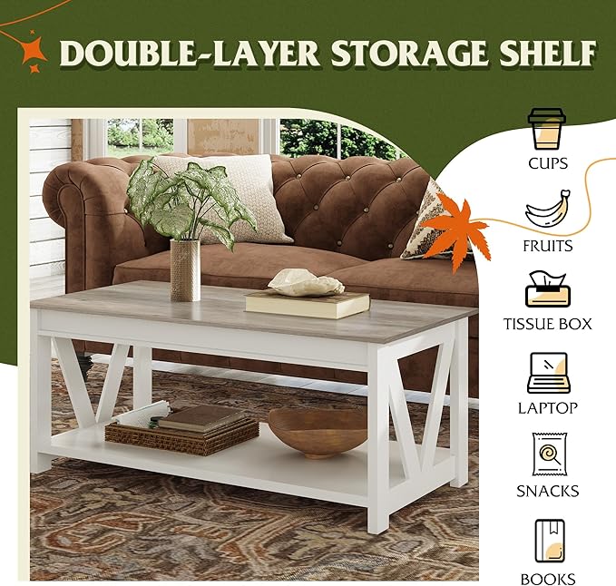 WLIVE Farmhouse Coffee Table, 43" Coffee Table for Living Room, Modern Center Table with Storage Shelf, V Shaped Support, Grey&White